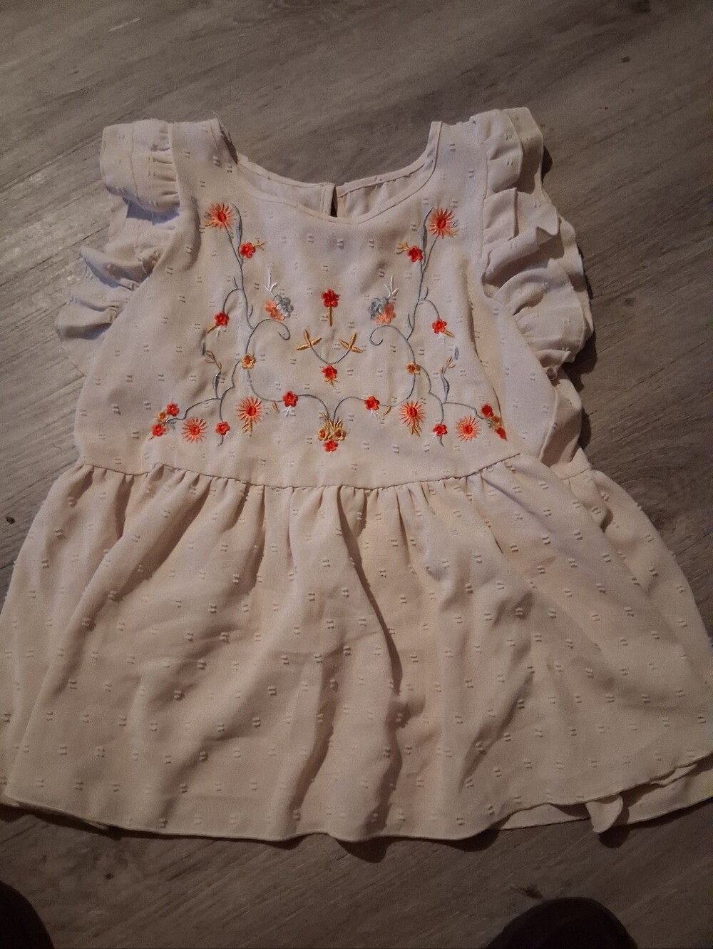 Girls Cream Embroidered Flutter Sleeve Top